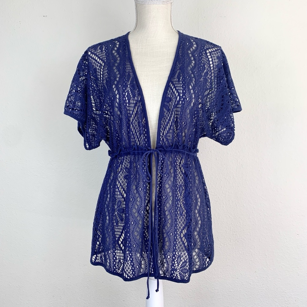 Ella Moss Crochet Knit Swim Cover Up / Cardigan Blue Womens Size Small
